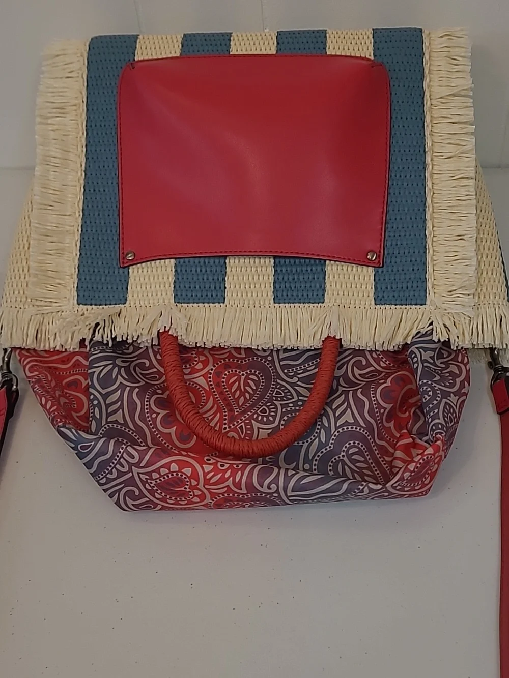 Patricia Nash Greek Isles Straw Tote w Blue Stripes & Red Accent+ CrossbodyStrap